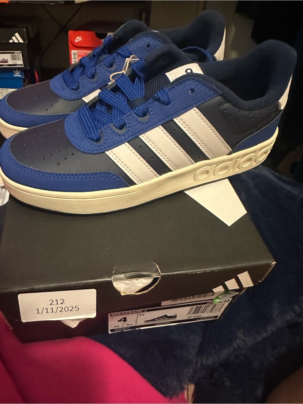 Adidas Kids Breakbase J Blue & White Striped Low-Top Sneakers Size 4.